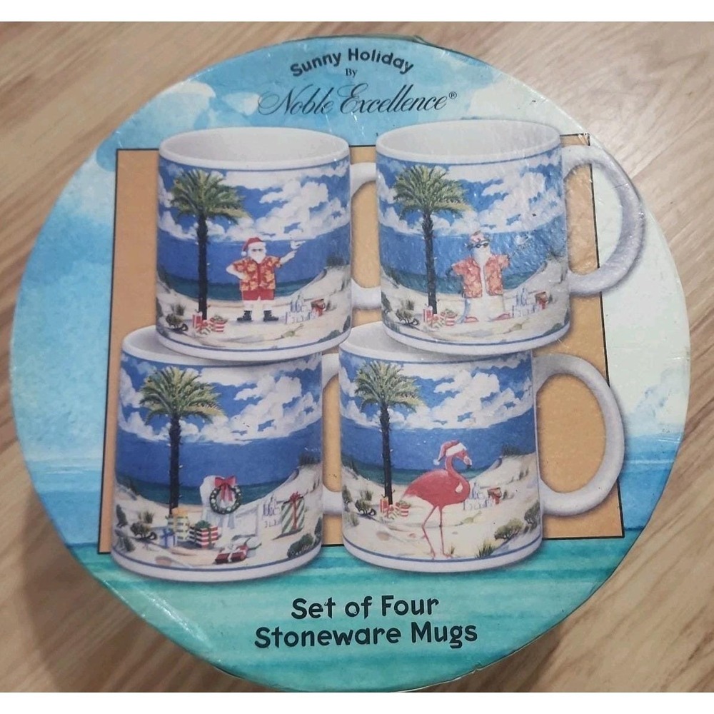 Noble Excellence Sunny Holiday Coffee Mugs Set of 4 Christmas Santa On Beach box